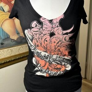 Metal Mulisha graphic tee skull + floral tattoo-style print S